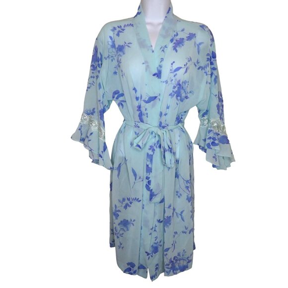 LA Intimates Knee Length Sheer Robe M Blue Lavender Floral Ruffled Lace Sleeve - Picture 13 of 13